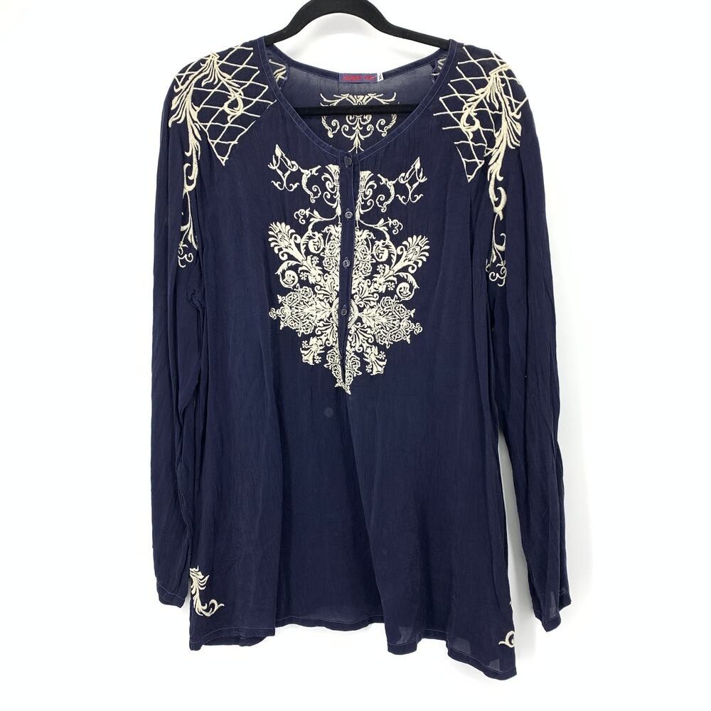 Johnny Was Tunic Top Womens XL Navy Cream Embroidered Long Sleeve Boho